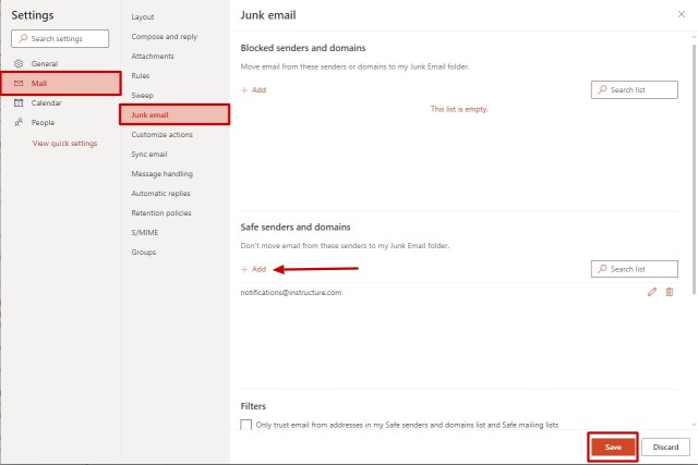 Update mail and junk mail settings to safe list Canvas emails. 