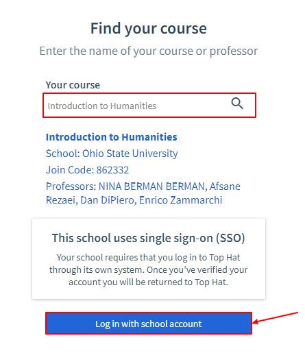 Course search box on Find your course screen with Log in with school account button
