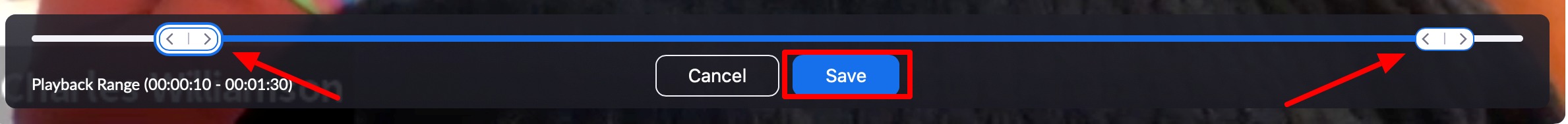 Beginning and ending sliders in video timeline with Save button below