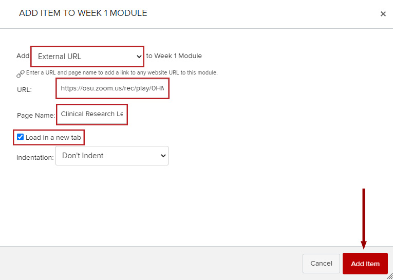 External Link option with URL and Page Name fields under Add Item to Module screen